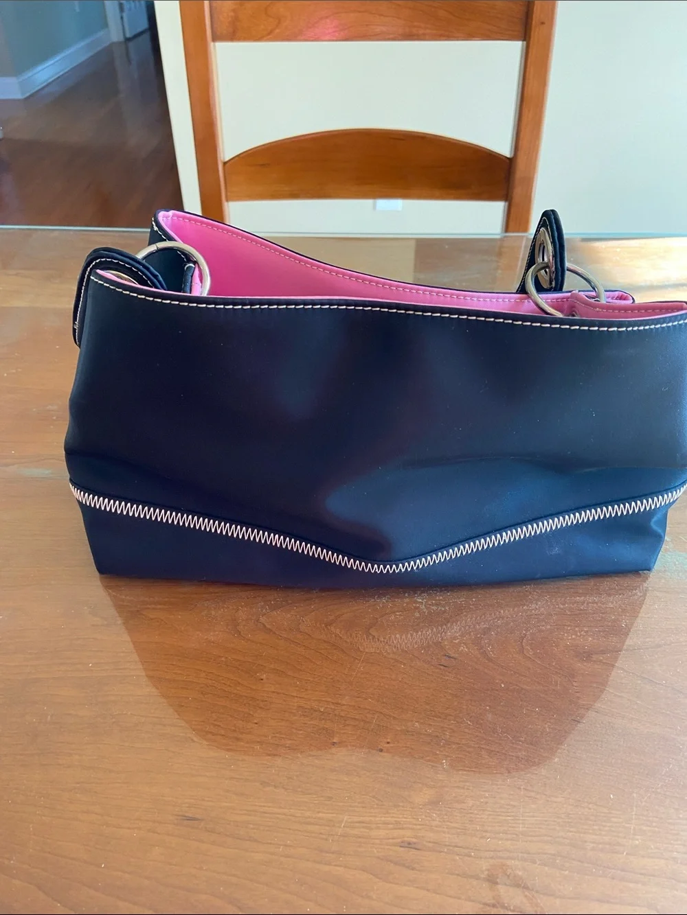Tommy Hilfiger Vinyl Handbag Black with a POP of Hot Pink. Several Pockets.